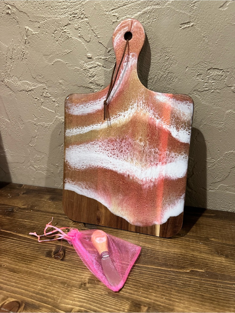 Hand crafted Resin Wood charcuterie board Board in Pink/ Gold and White